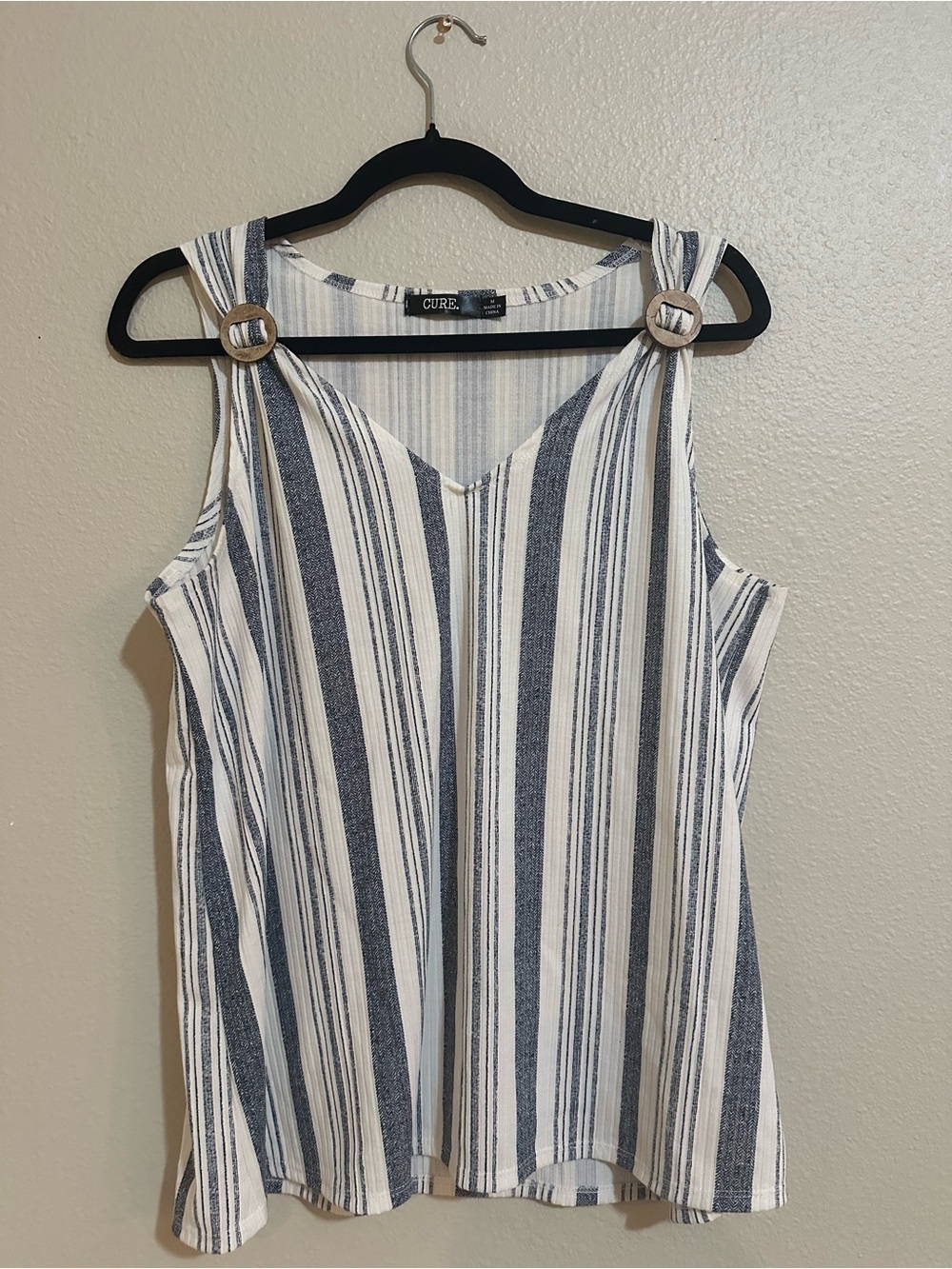 CURE Navy and White Striped Ring-Shoulder blouse